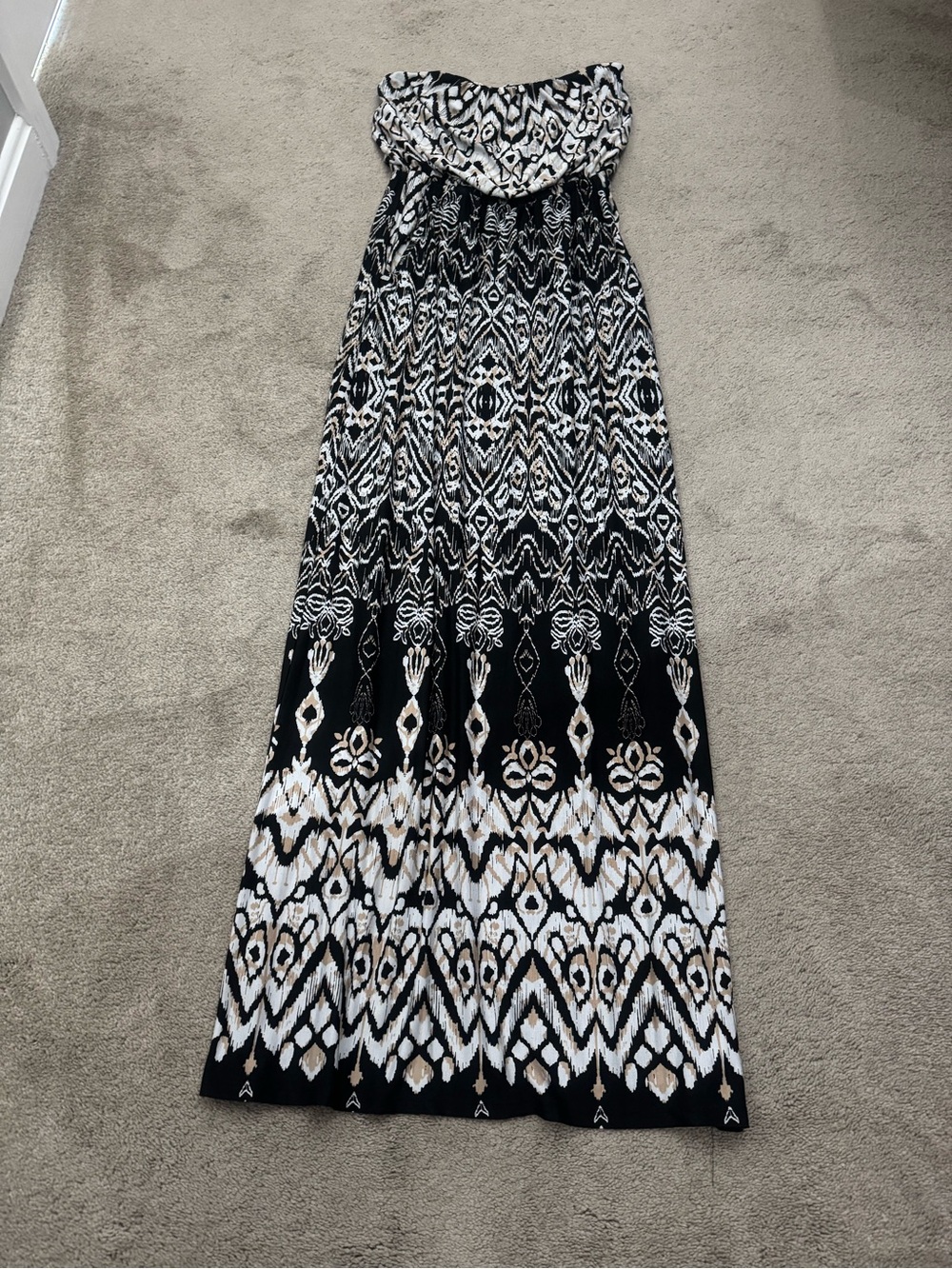 Black, Brown and White Strapless Maxi Dress with Aztec-Inspired Print